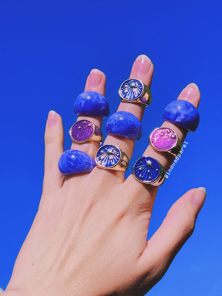 CHUNKY GALAXY Star Rings Set / Plated 14K Gold Silver / Crystal Chunky Purple Blue Statement Jewelry Ring / Aesthetic Indie Retro Y2K Gift