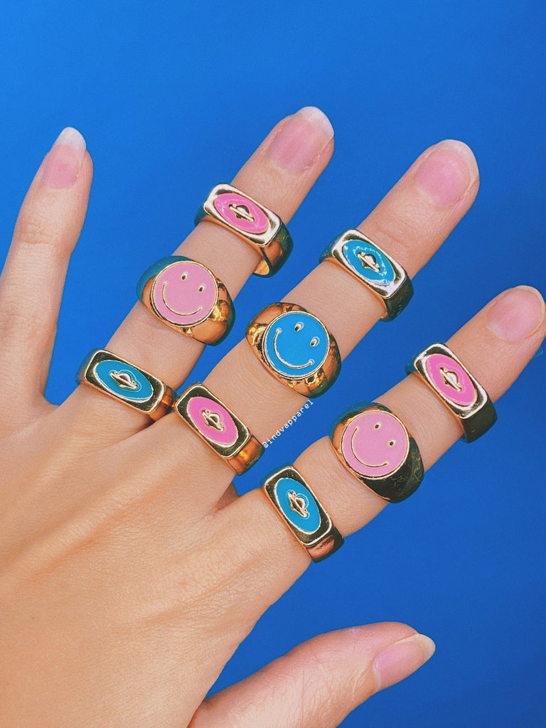 PLANET SIGNET Rings / Summer Trendy Statement Jewelry / Smiley Space Colorful Enamel Thick Chunky / Soft Girl Retro Indie Aesthetic Y2K Gift