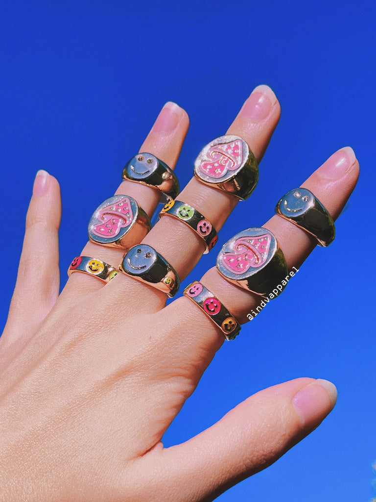 RETRO MUSHROOM Rings / Plated 14K Gold / Crystal Chunky Enamel Colorful Pink / Statement Jewelry Summer Ring / Aesthetic Retro Y2K Gift