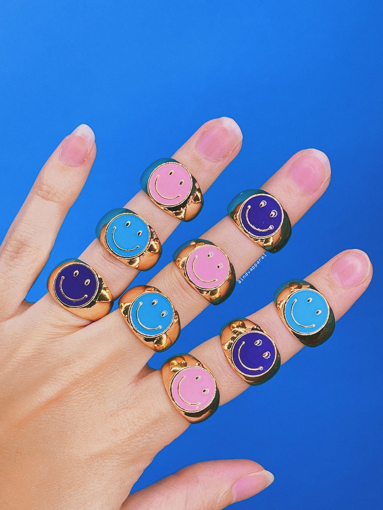 SMILEY FACE SIGNET Rings / Summer Trendy Statement Jewelry / Colorful Enamel Thick Chunky / Soft Girl Retro Aesthetic Y2K Gift