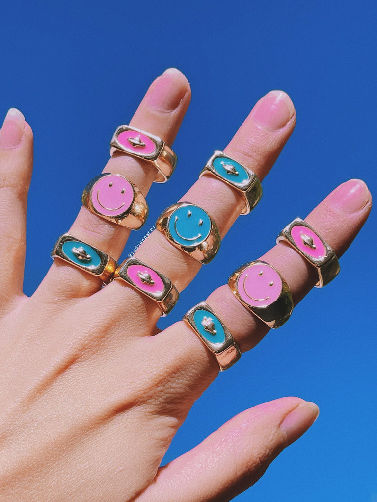 PLANET SIGNET Rings / Summer Trendy Statement Jewelry / Smiley Space Colorful Enamel Thick Chunky / Soft Girl Retro Indie Aesthetic Y2K Gift