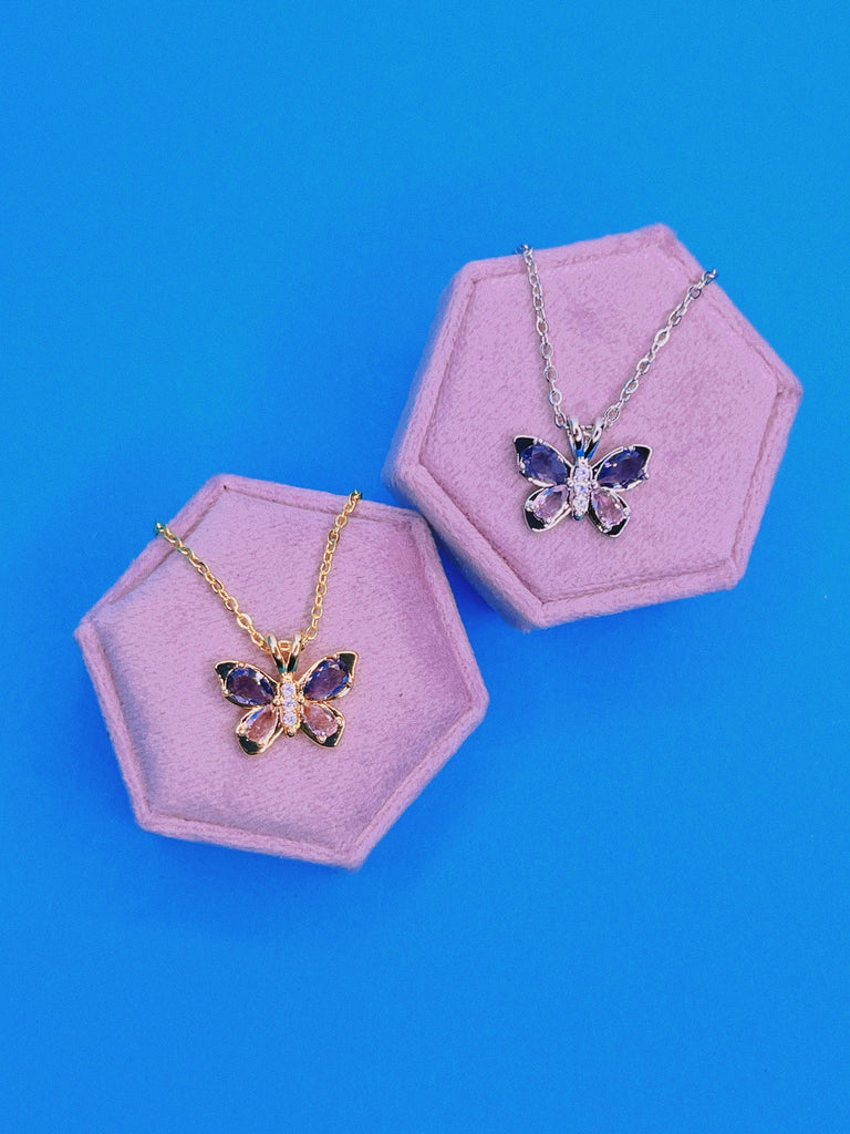 CRYSTAL Butterfly Necklace / Gold Silver Blush Lilac / Pendant Charm Love Jewelry Aesthetic Y2k Grunge / Valentines Day Girlfriend Gift