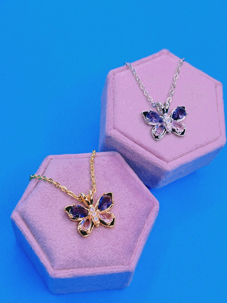 CRYSTAL Butterfly Necklace / Gold Silver Blush Lilac / Pendant Charm Love Jewelry Aesthetic Y2k Grunge / Valentines Day Girlfriend Gift