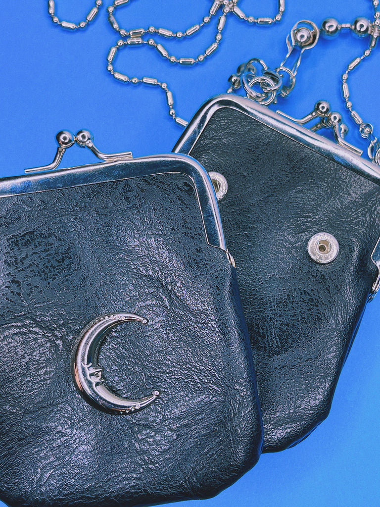 MOON COIN PURSE Trio / Celestial Black Leather Coin Pouch Crossbody Card Wallet Keychain / Grunge Goth Y2K Aesthetic