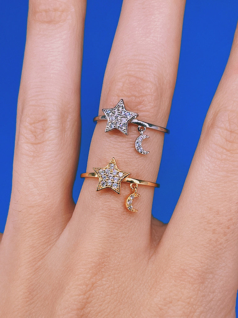 CRYSTAL STAR Moon Charm Ring / 18k Gold Sterling Silver Minimalist Dainty Tiny Jewelry Adjustable Stackable / Y2k Aesthetic Gift for Her