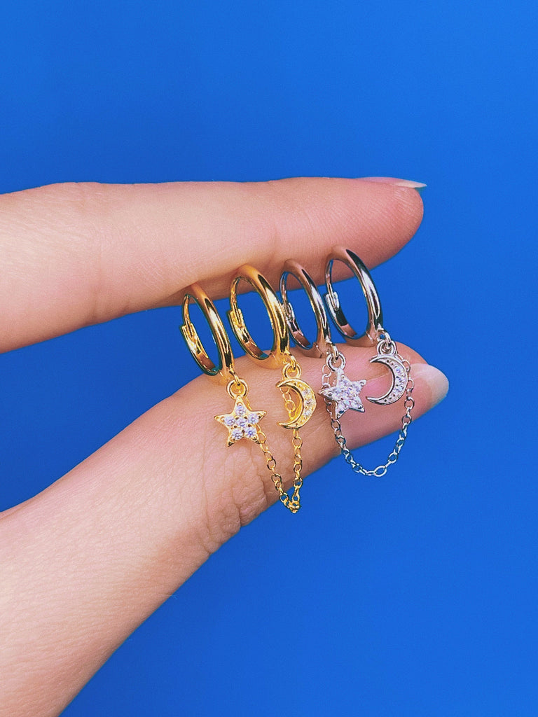 STAR + MOON Chain Huggie Hoop Earrings / Double Hoop Piercing 18K Gold Stud Earrings Dainty Tiny Celestial Minimalist / Gift for Her