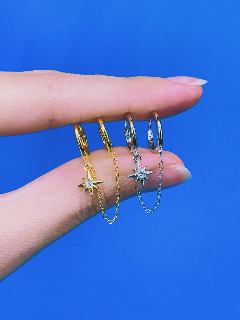 CRYSTAL STAR Chain Huggie Hoop Earrings / Double Hoop Piercing 18K Gold Stud Earrings Dainty Tiny Celestial Minimalist / Gift for Her