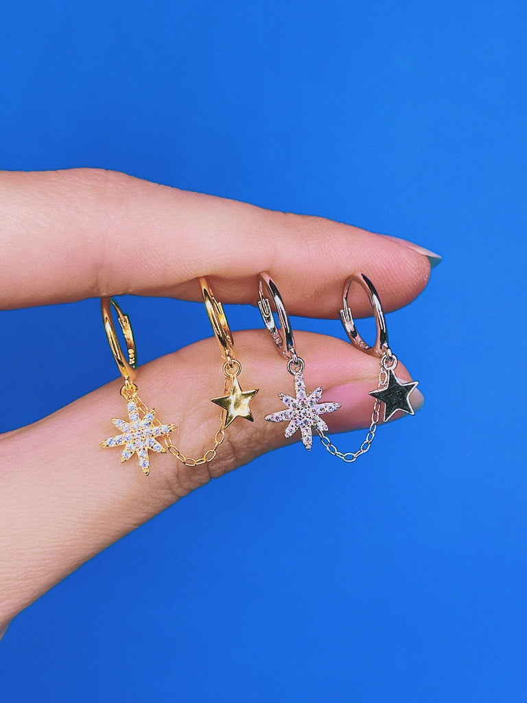 CRYSTAL STAR Chain Huggie Hoop Earrings / Double Hoop Piercing 18K Gold Stud Earrings Dainty Tiny Celestial Minimalist / Gift for Her