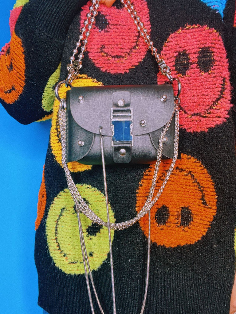 CHAINED BUCKLE BAG / Black Leather Chain Crossbody Purse Small Mini Wallet Teckwear / Grunge Goth Punk eGirl eBoy Cyber Y2k Aesthetic
