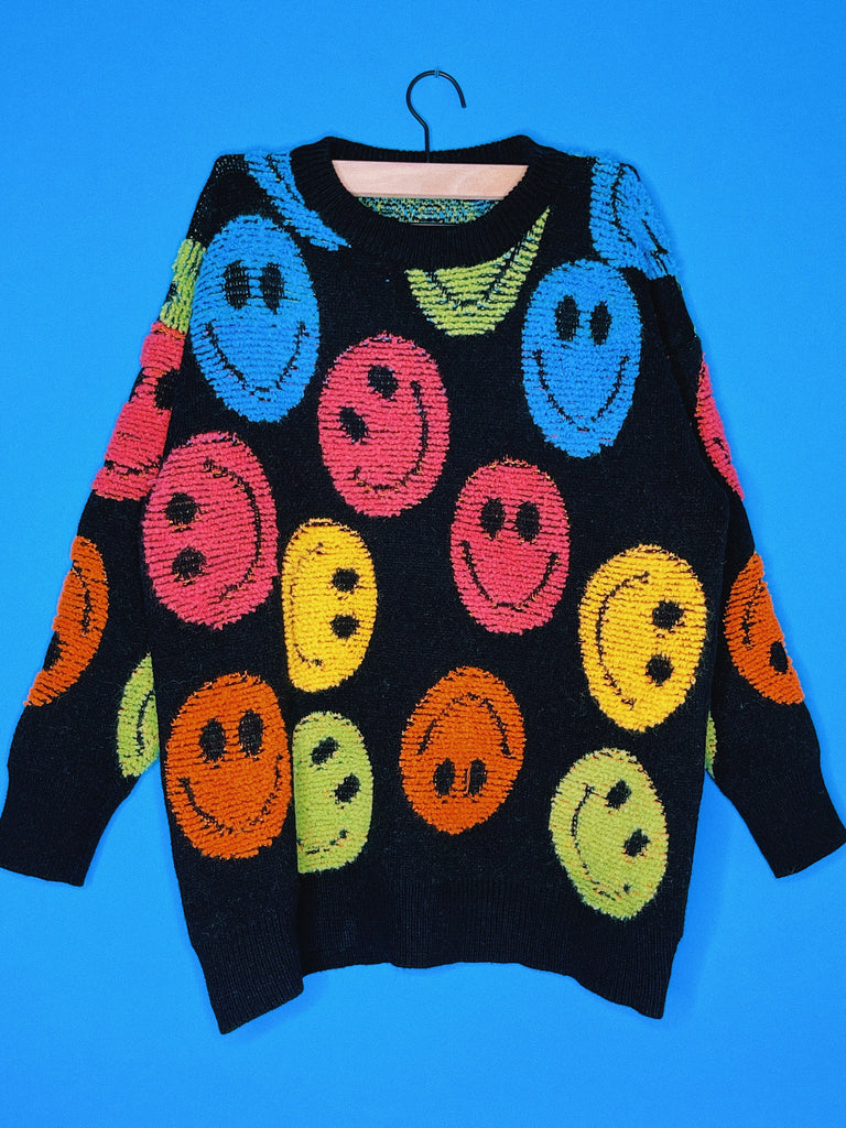 COLORFUL SMILEY FACE Sweater / Fuzzy Oversized Crewneck Black Knit Jumper Pullover Mens Womens Clothing / Retro Y2k Aesthetic Grunge Goth