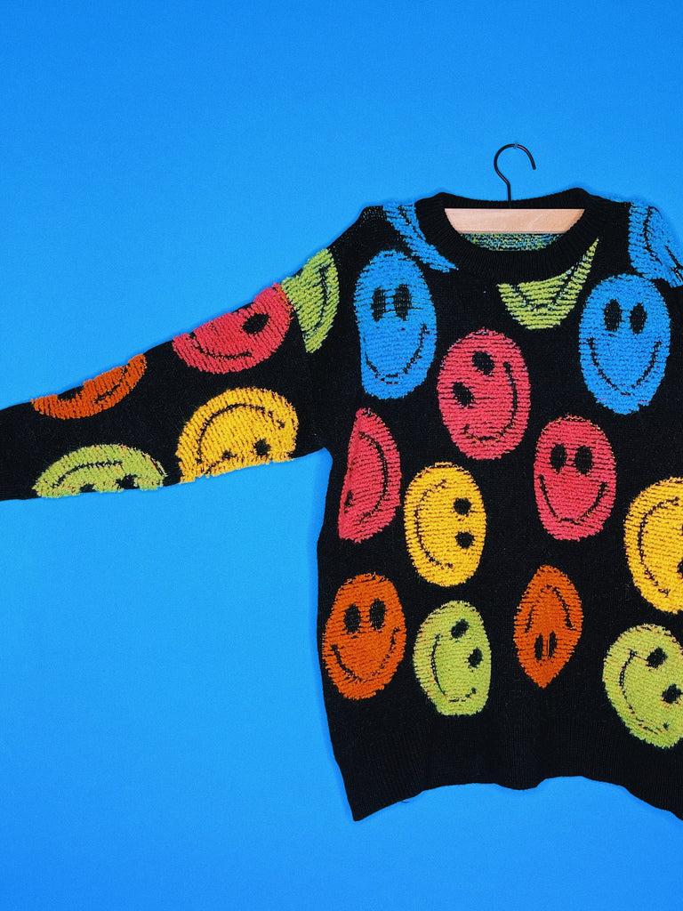 COLORFUL SMILEY FACE Sweater / Fuzzy Oversized Crewneck Black Knit Jumper Pullover Mens Womens Clothing / Retro Y2k Aesthetic Grunge Goth