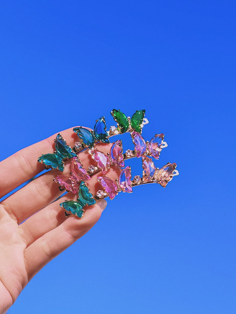 CRYSTAL GLASS BUTTERFLY Barrette Clip / Gold Hair Accessories Clips Colorful Retro / Cute Y2K 90s Aesthetic Kawaii