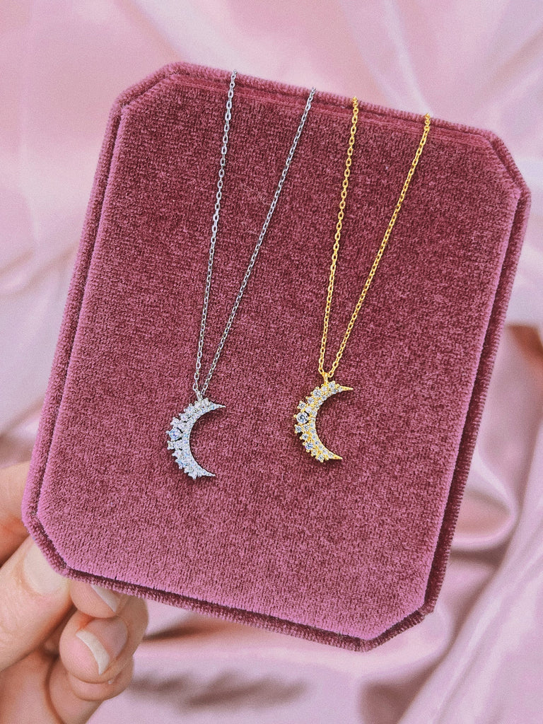 CRYSTAL CRESCENT MOON Necklace / Sterling Silver 14k Gold / Celestial Cluster Star Dainty Tiny Jewelry Minimalist / Gift for Her Him Friend