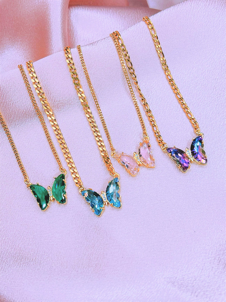 CURBY CRYSTAL GLASS Butterfly Necklace / 14K Plated Gold / Curb Figaro Chain Jewelry Colorful / Y2K Indie Aesthetic / Gift for Her Friend