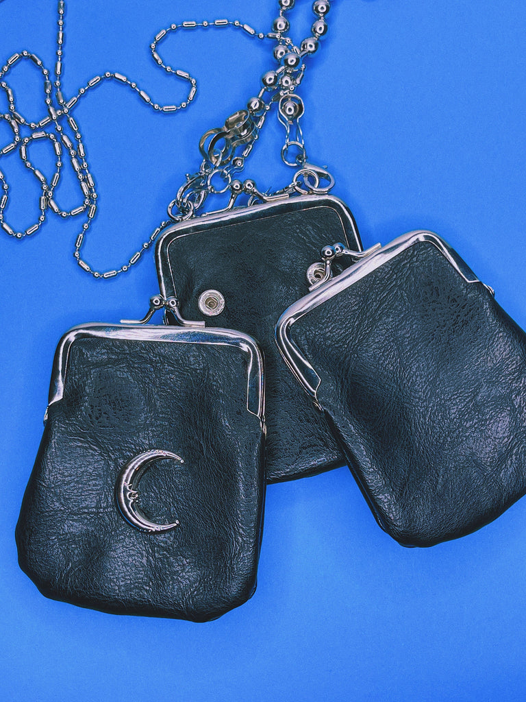 MOON COIN PURSE Trio / Celestial Black Leather Coin Pouch Crossbody Card Wallet Keychain / Grunge Goth Y2K Aesthetic