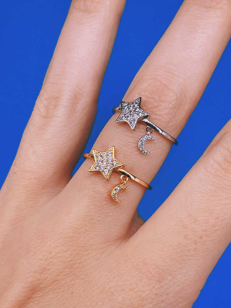 CRYSTAL STAR Moon Charm Ring / 18k Gold Sterling Silver Minimalist Dainty Tiny Jewelry Adjustable Stackable / Y2k Aesthetic Gift for Her