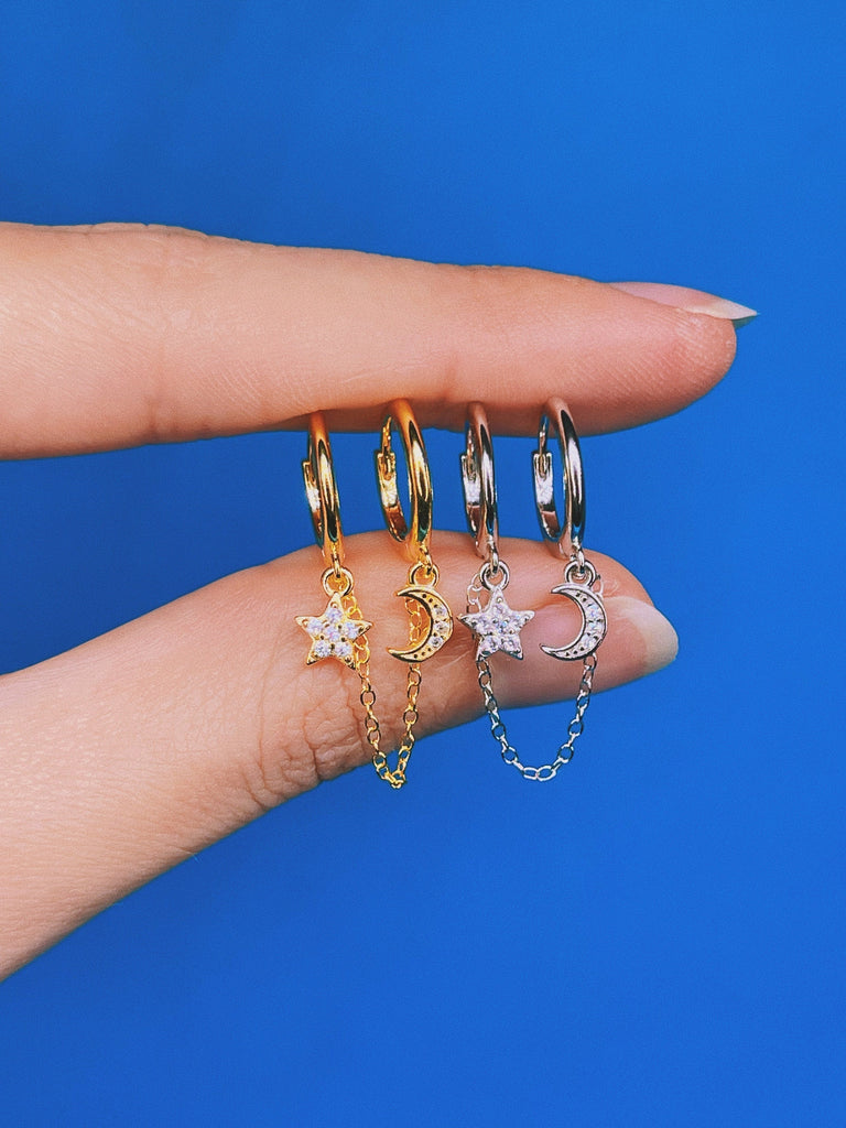 STAR + MOON Chain Huggie Hoop Earrings / Double Hoop Piercing 18K Gold Stud Earrings Dainty Tiny Celestial Minimalist / Gift for Her