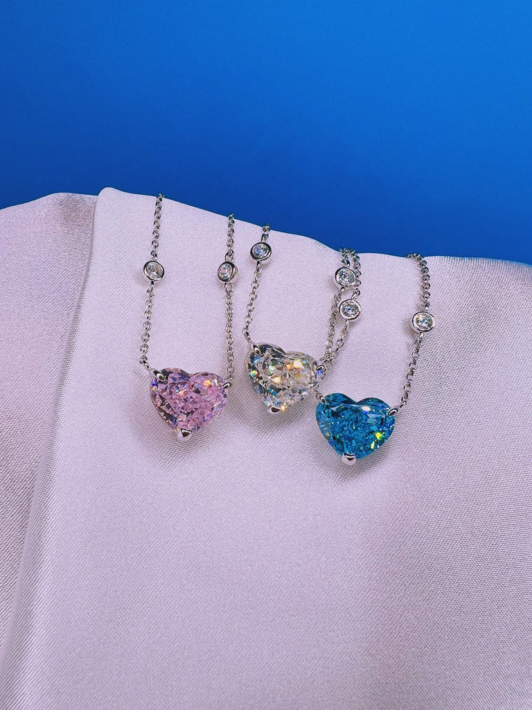 DIAMOND HEART Pendant Necklace / 5A Zircon Sterling Silver 18k Gold Filled / Crystal Pink Yellow Blue Womens Jewelry Valentines Day Gift