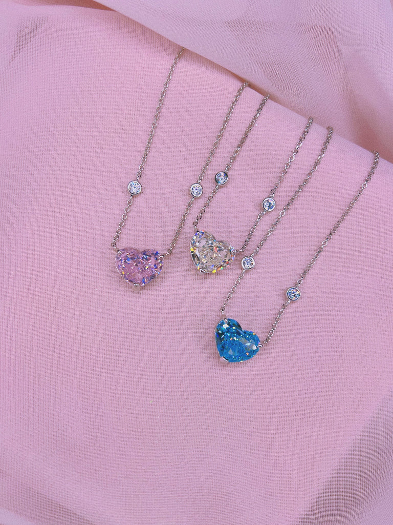 DIAMOND HEART Pendant Necklace / 5A Zircon Sterling Silver 18k Gold Filled / Crystal Pink Yellow Blue Womens Jewelry Valentines Day Gift