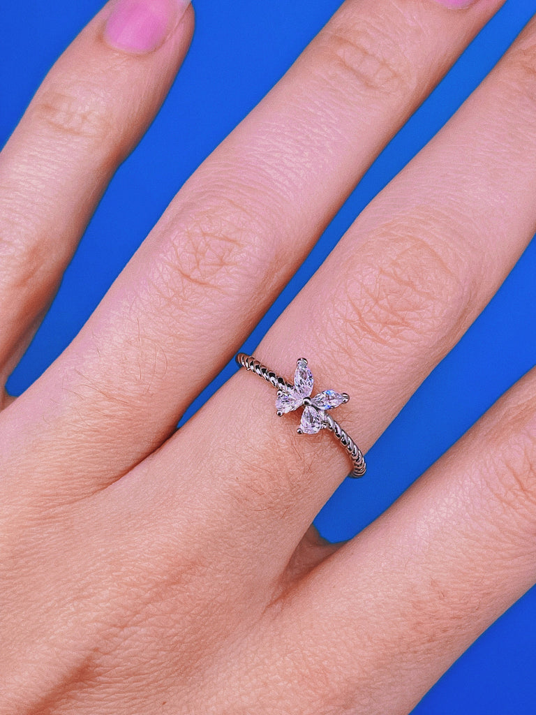 TINY CRYSTAL BUTTERFLY Ring / Sterling Silver SS925 Adjustable Stackable Minimal Tiny Dainty / Aesthetic Grunge Gift for Her Valentines
