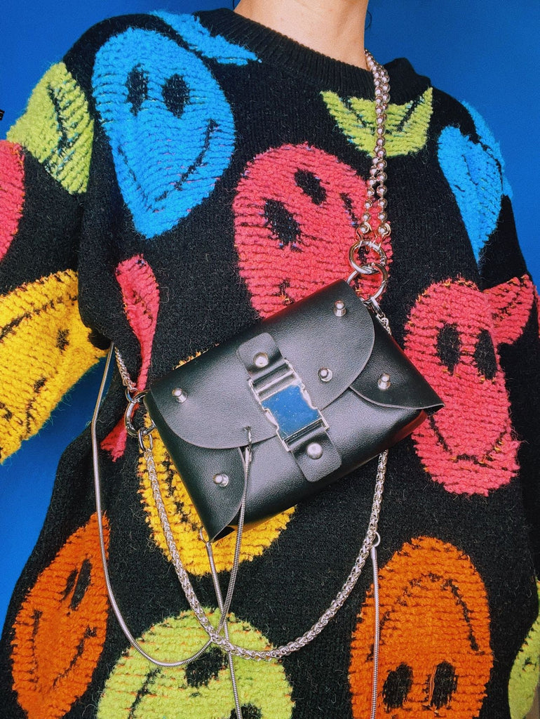 CHAINED BUCKLE BAG / Black Leather Chain Crossbody Purse Small Mini Wallet Teckwear / Grunge Goth Punk eGirl eBoy Cyber Y2k Aesthetic