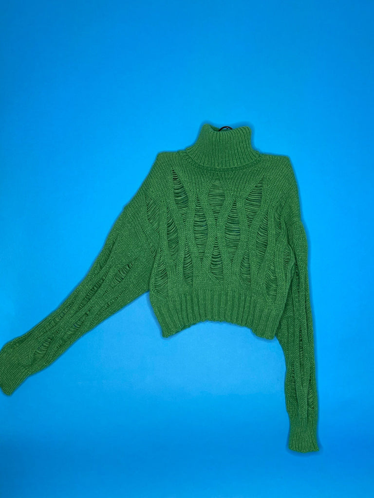 KELLY GREEN TURTLENECK Sweater / Hallow Hole Hand-Knit Chunky Crochet Oversized Crop Sweater / Women’s Clothing Y2K 90s Retro