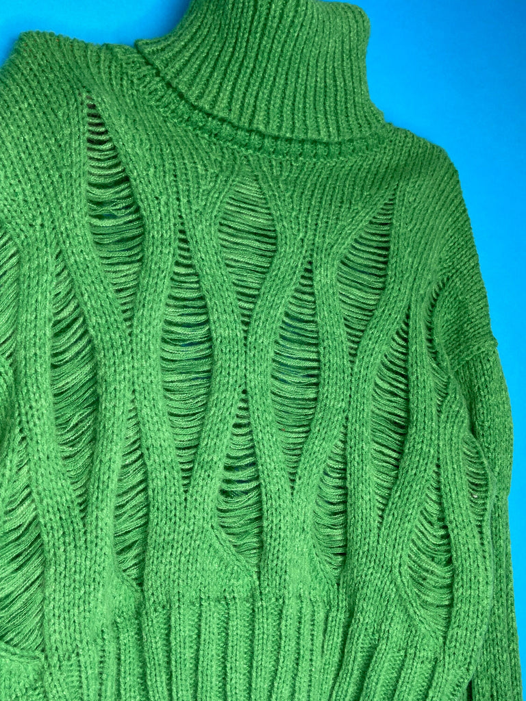 KELLY GREEN TURTLENECK Sweater / Hallow Hole Hand-Knit Chunky Crochet Oversized Crop Sweater / Women’s Clothing Y2K 90s Retro