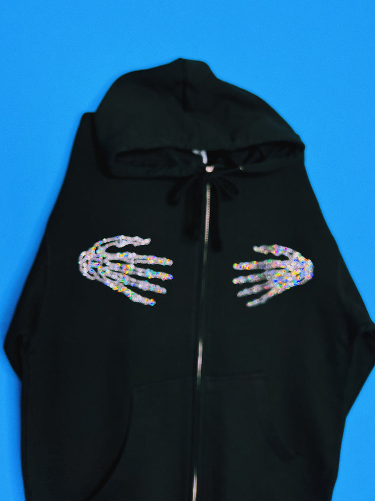RHINESTONE SKELETON HANDS Hoodie / Sweatshirt Zip Up Jacket Clothing Women's Men's Unisex Black / Y2k Grunge Core Goth Aesthetic