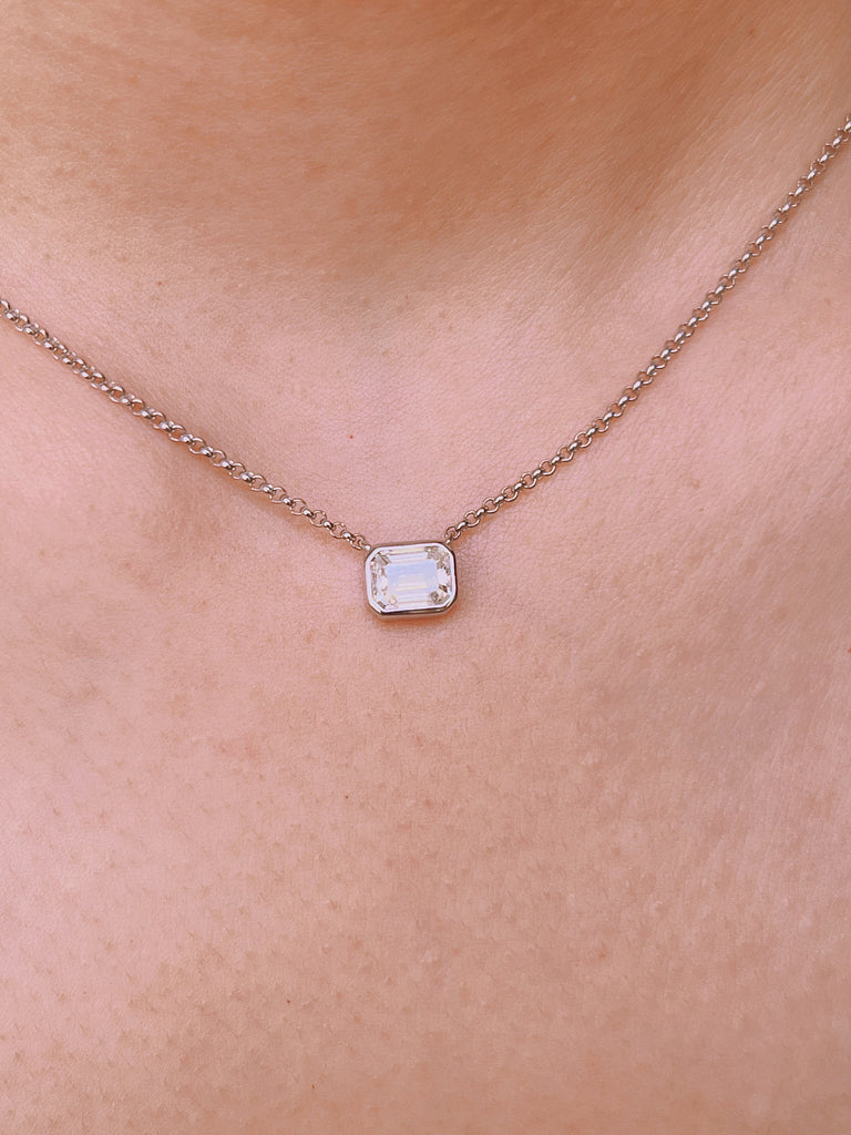 EMERALD CUT MOISSANITE Necklace / 1CT Rectangle Sterling Silver Rolo Chain / Dainty Tiny Gemstone Crystal Pendant Minimalist Valentines Gift