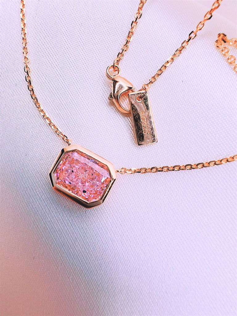 2CT PINK DIAMOND Necklace / Lab Created Diamond Emerald Cut Rose Gold Setting AG925 Sterling Silver Chain / Bridal Minimalist Gift for Her