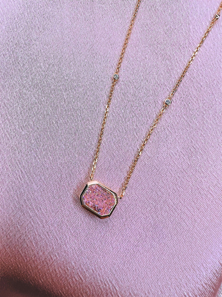 2CT PINK DIAMOND Necklace / Lab Created Diamond Emerald Cut Rose Gold Setting AG925 Sterling Silver Chain / Bridal Minimalist Gift for Her